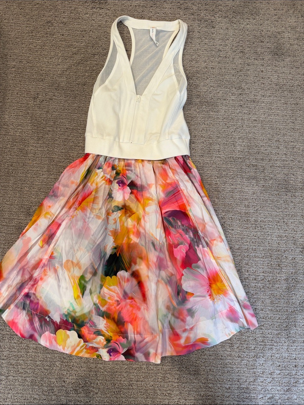 Anthropologie White Zip Racerback Top with Multicolor Floral Skirt